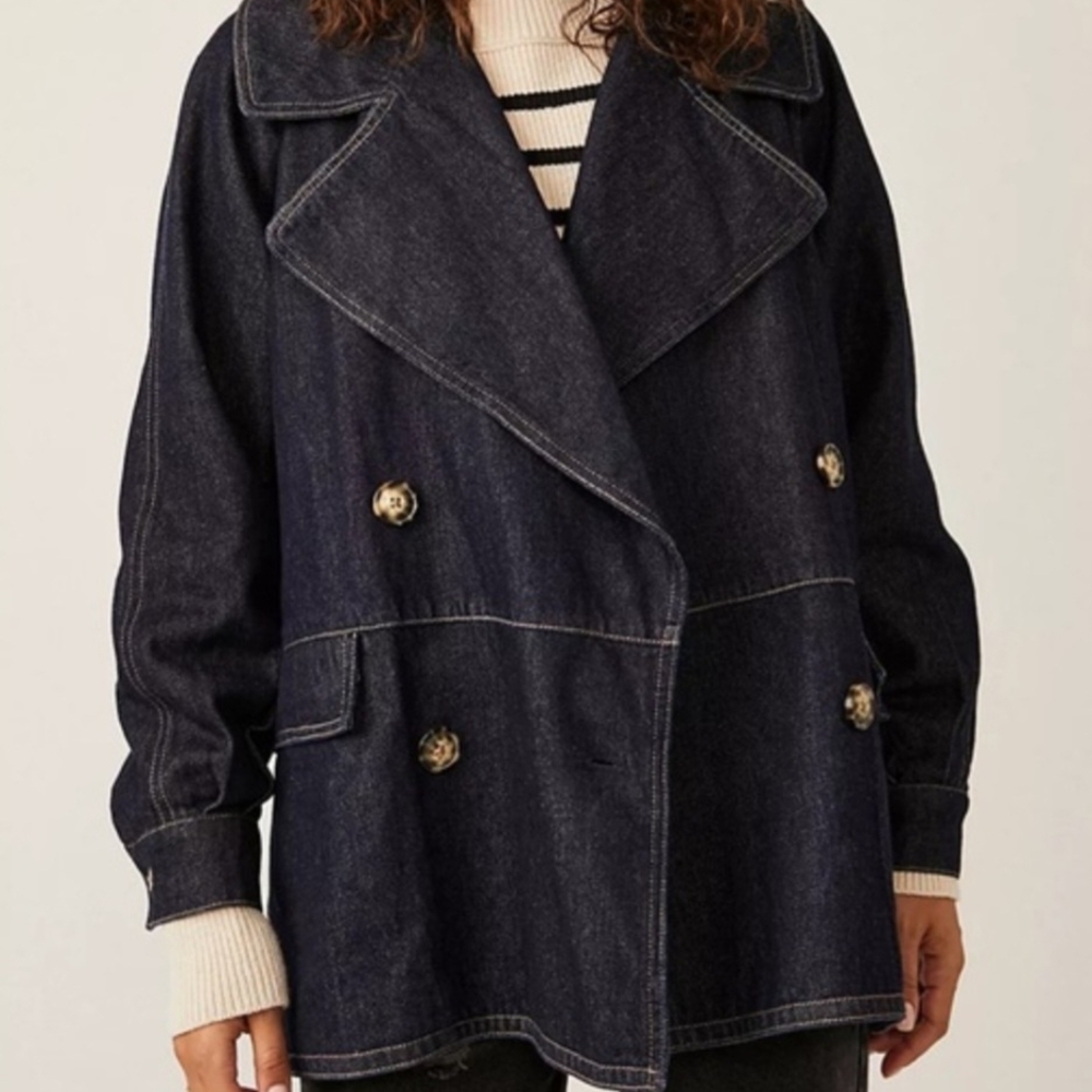 Free People NWOT Dark Blue Double-Breasted Car Coat Cotton Denim Jacket Sz L
